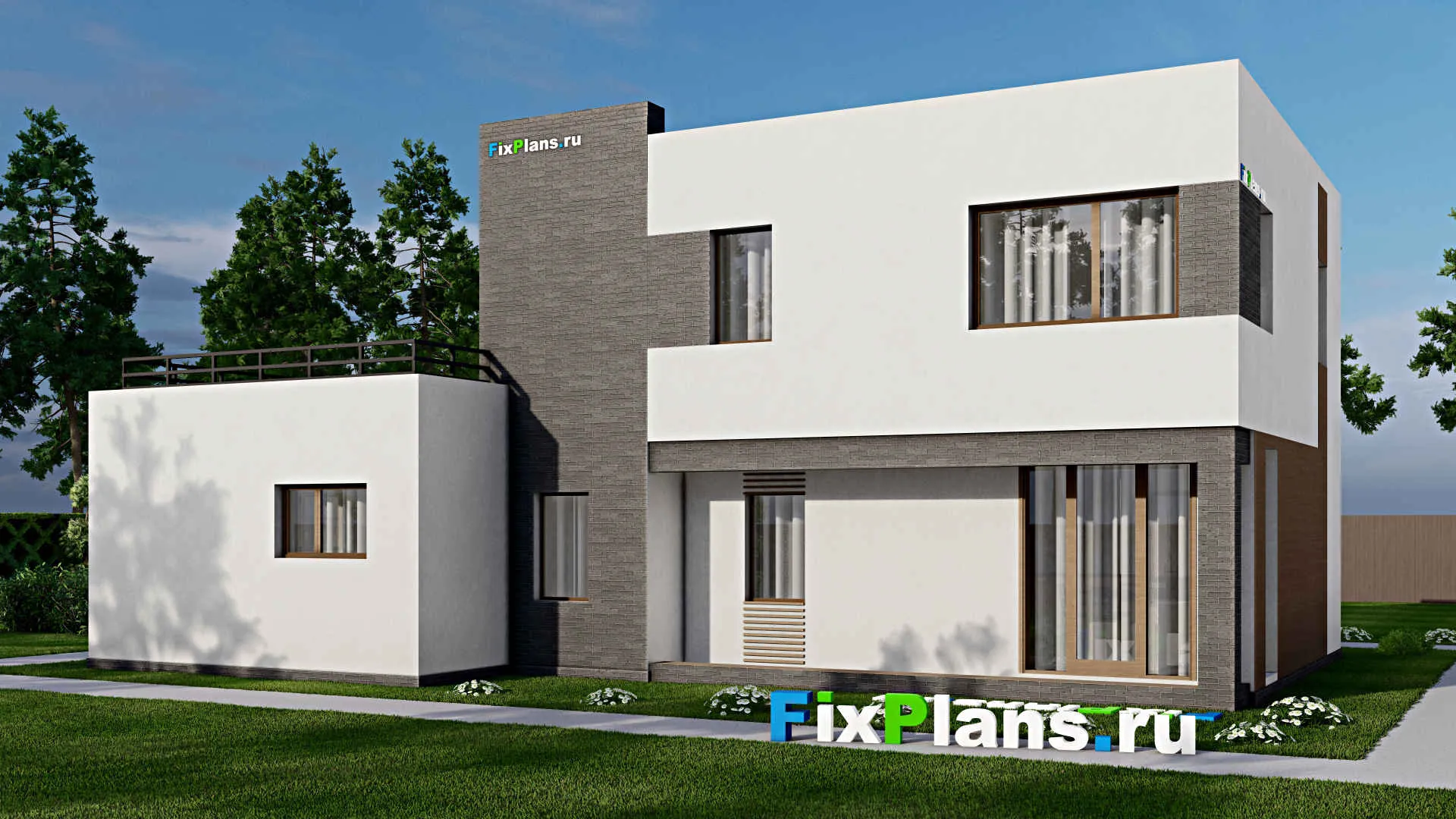 F-2969 - Проект двухэтажного дома 12 на 16, площадью 220 м² с террасой, гаражом на 2 машины и 3 спальнями